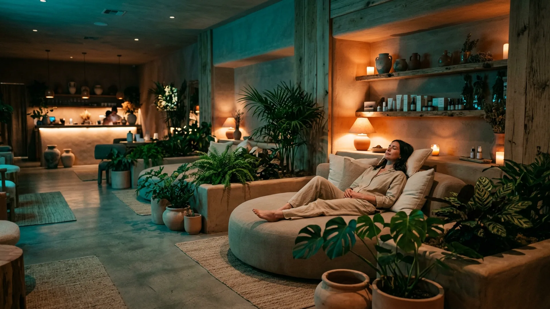Serenity Oasis interior — warm teal ambient light, organic textures